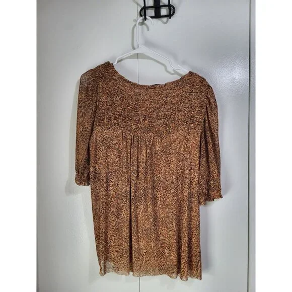 Rose + Olive Top Womens L Animal Print Smocked Lined Sheer Blouse - Picture 2 of 10
